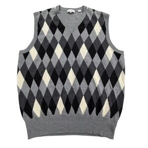 Peter Millar Sweater Mens M Gray Argyle 100% Merino Wool V-Neck Vest Knit Golf